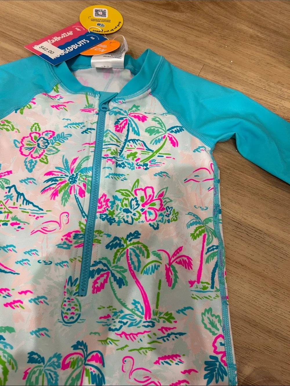 Girls' Long-Sleeve Tropical Zip Rashguard Swimsuit - Aqua